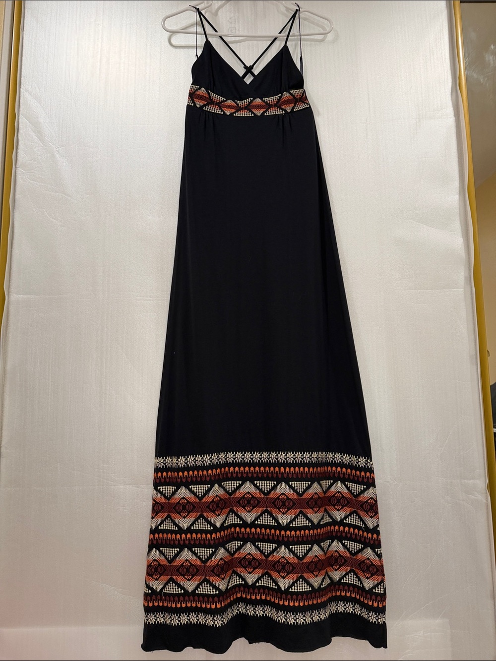 Sweetees Black Maxi Dress with Rust and Cream Geometric Trim
